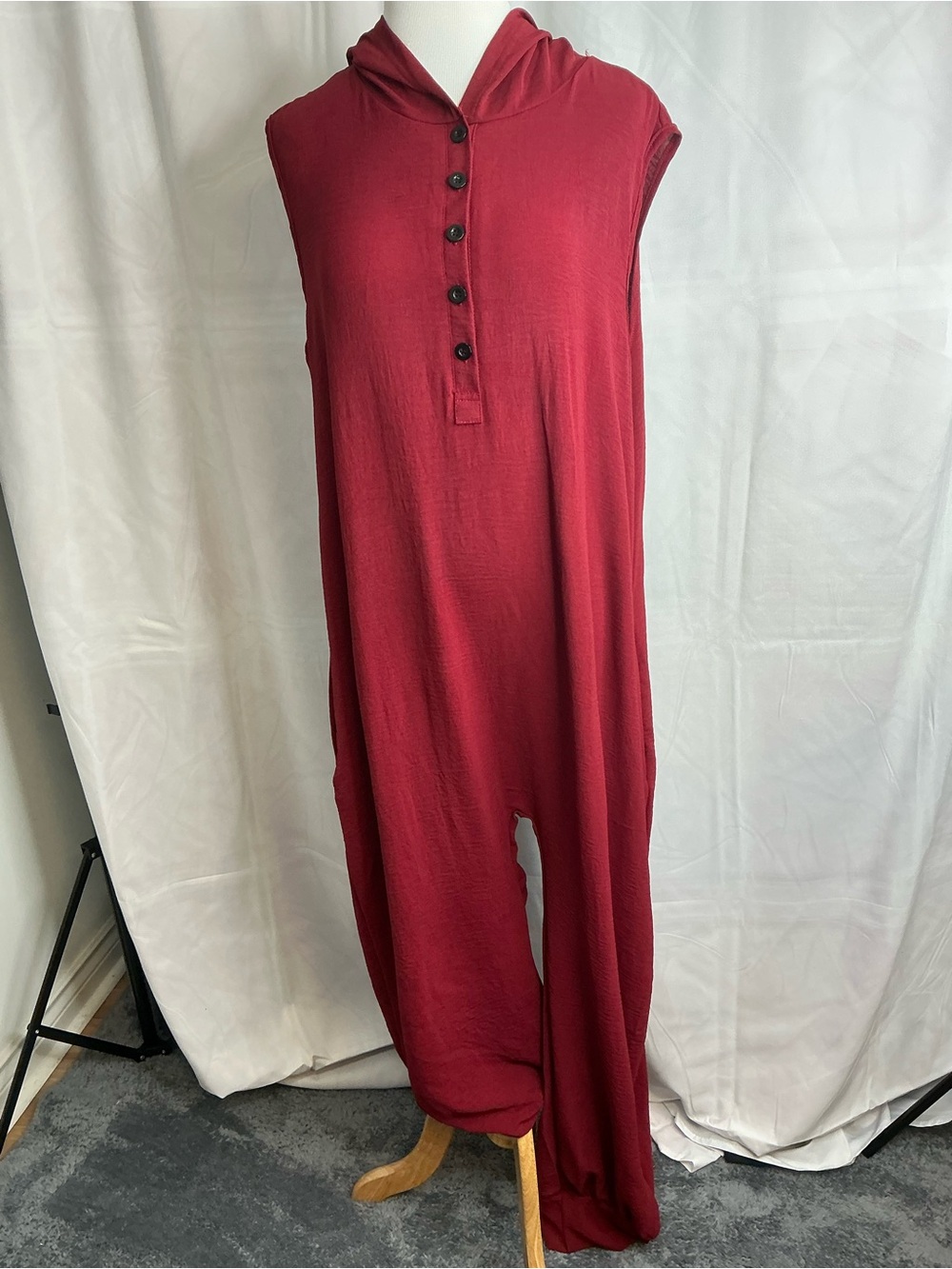 2378-Boho Oversized Hooded Harem Jumpsuit Sleeveless Henley Red Large - Picture 3 of 10